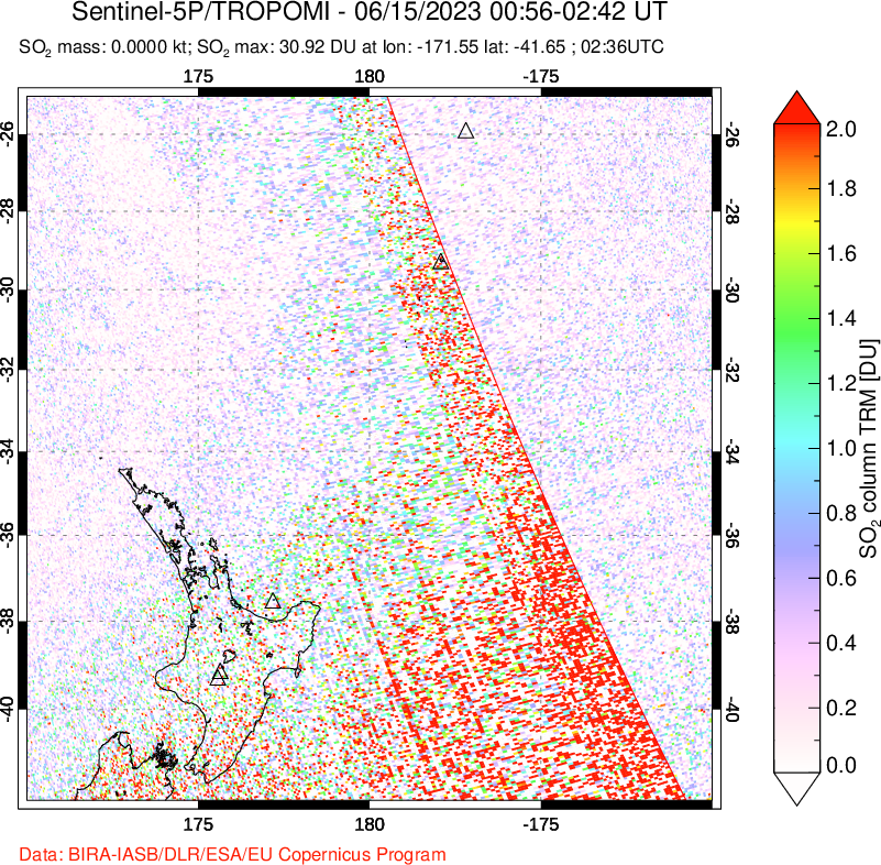 A sulfur dioxide image over New Zealand on Jun 15, 2023.