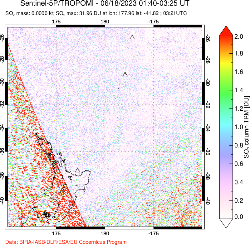 A sulfur dioxide image over New Zealand on Jun 18, 2023.