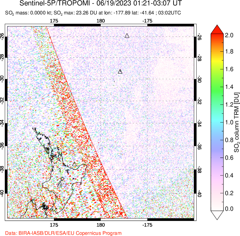 A sulfur dioxide image over New Zealand on Jun 19, 2023.