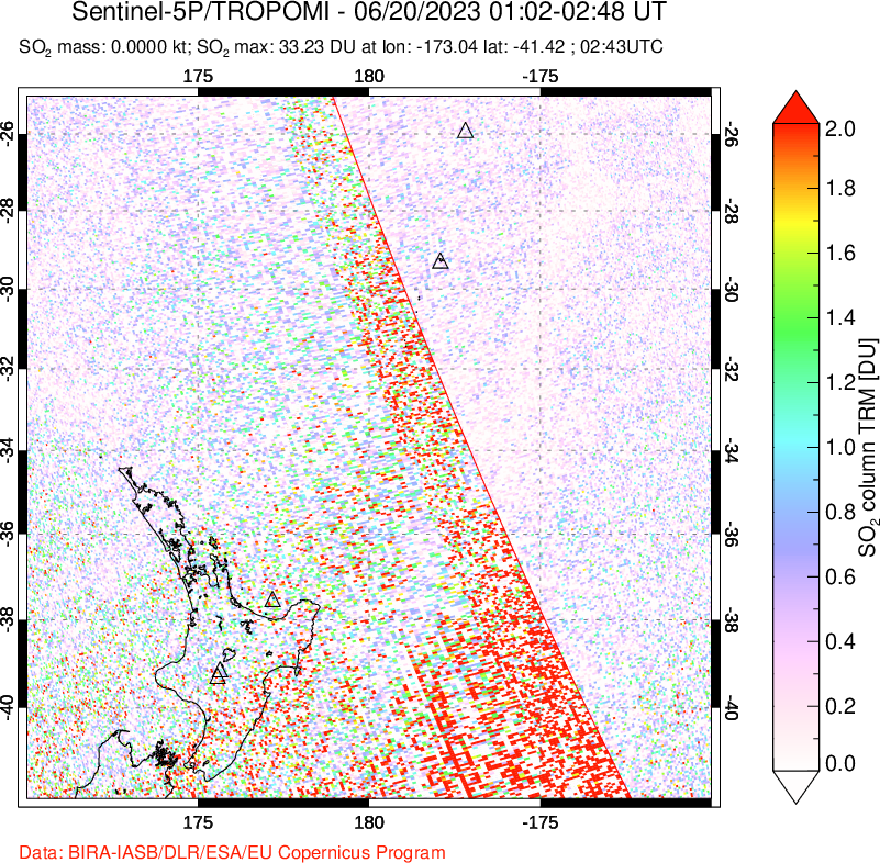 A sulfur dioxide image over New Zealand on Jun 20, 2023.