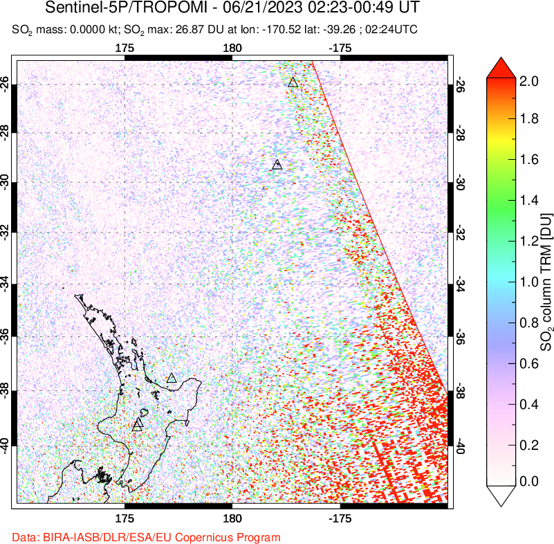 A sulfur dioxide image over New Zealand on Jun 21, 2023.
