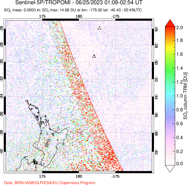 A sulfur dioxide image over New Zealand on Jun 25, 2023.