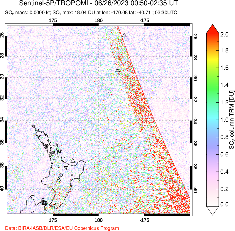 A sulfur dioxide image over New Zealand on Jun 26, 2023.