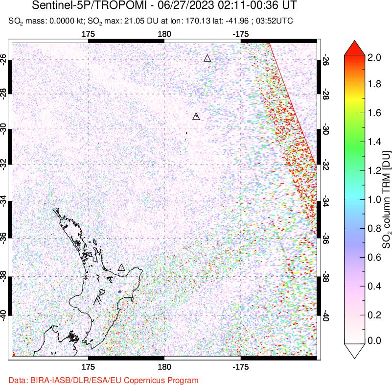 A sulfur dioxide image over New Zealand on Jun 27, 2023.