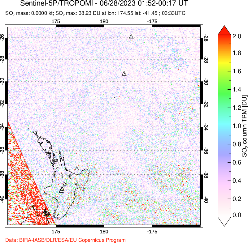 A sulfur dioxide image over New Zealand on Jun 28, 2023.