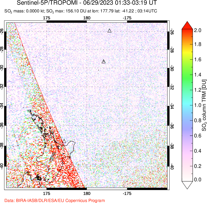 A sulfur dioxide image over New Zealand on Jun 29, 2023.