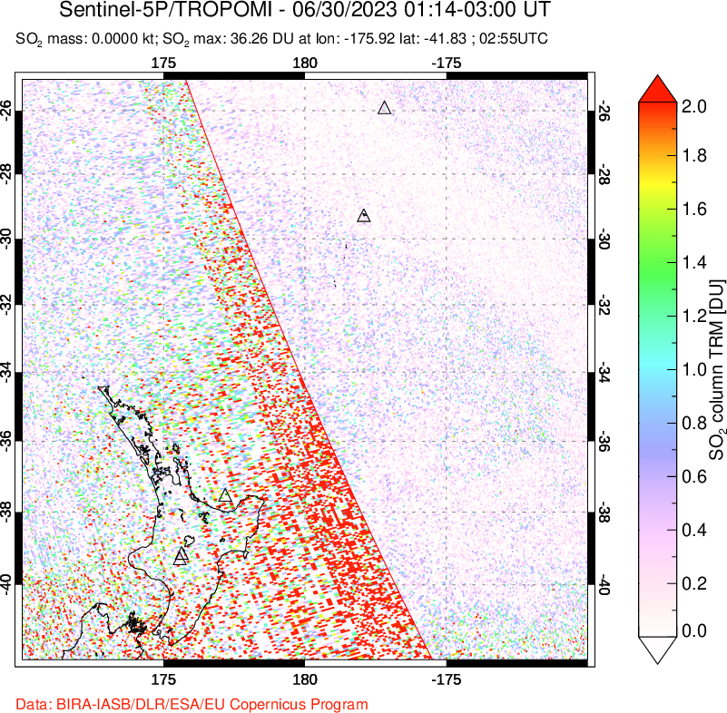 A sulfur dioxide image over New Zealand on Jun 30, 2023.