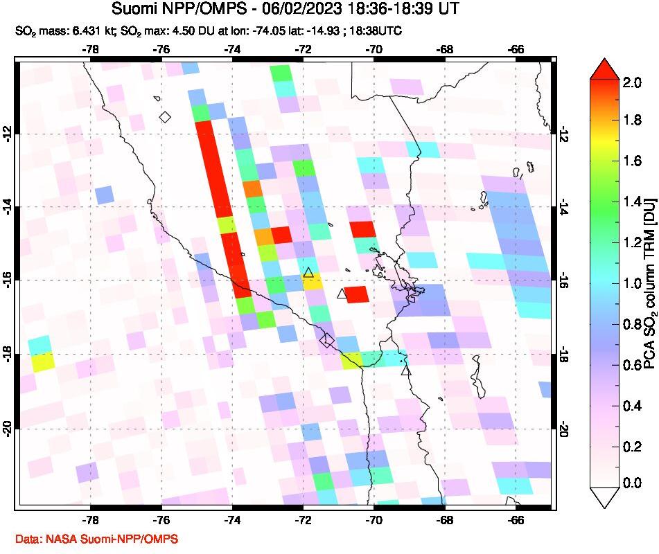 A sulfur dioxide image over Peru on Jun 02, 2023.
