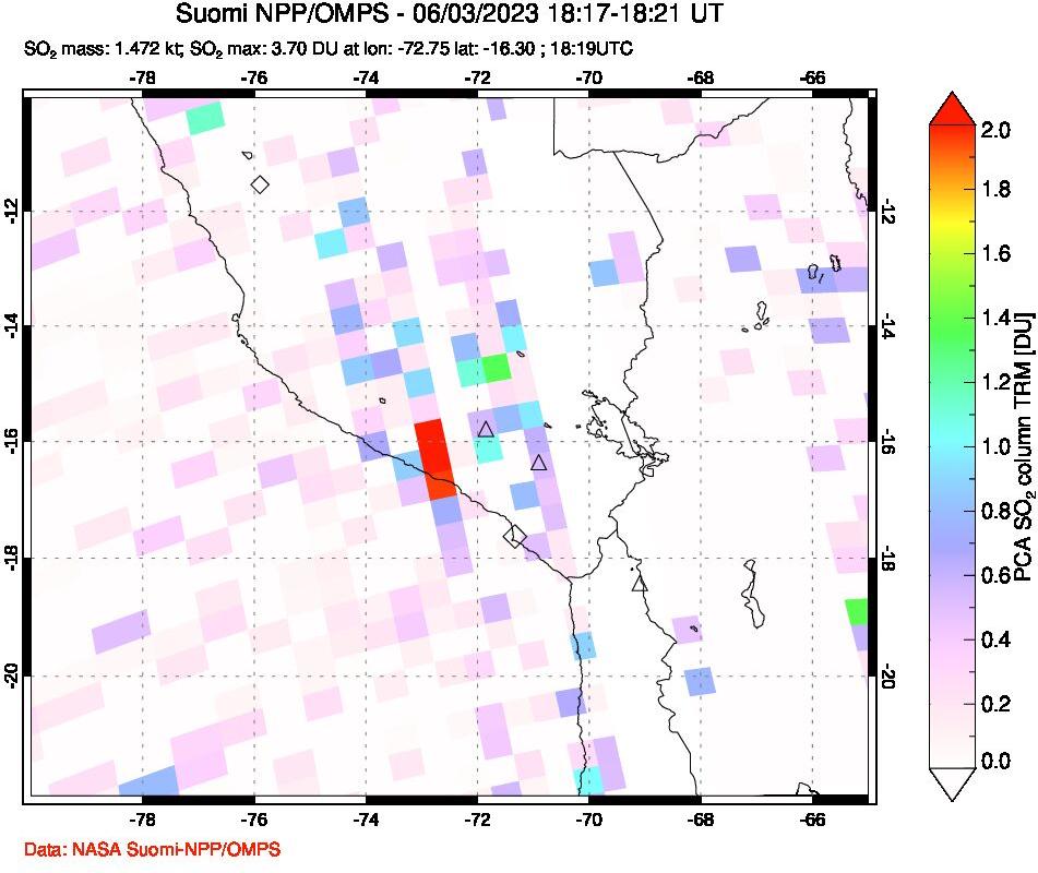 A sulfur dioxide image over Peru on Jun 03, 2023.