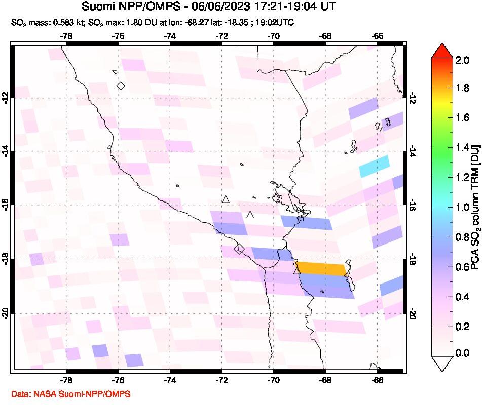 A sulfur dioxide image over Peru on Jun 06, 2023.