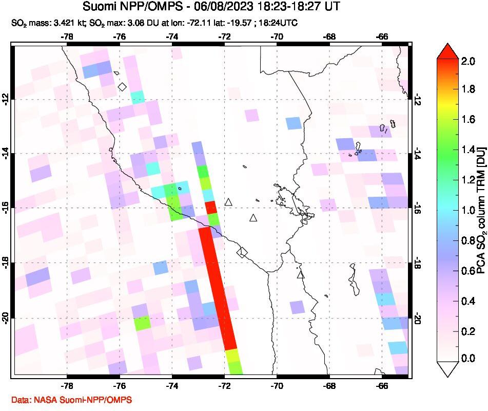 A sulfur dioxide image over Peru on Jun 08, 2023.