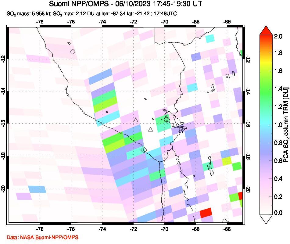 A sulfur dioxide image over Peru on Jun 10, 2023.