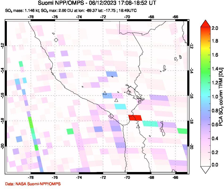 A sulfur dioxide image over Peru on Jun 12, 2023.