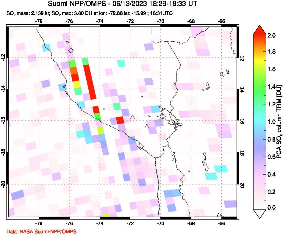 A sulfur dioxide image over Peru on Jun 13, 2023.