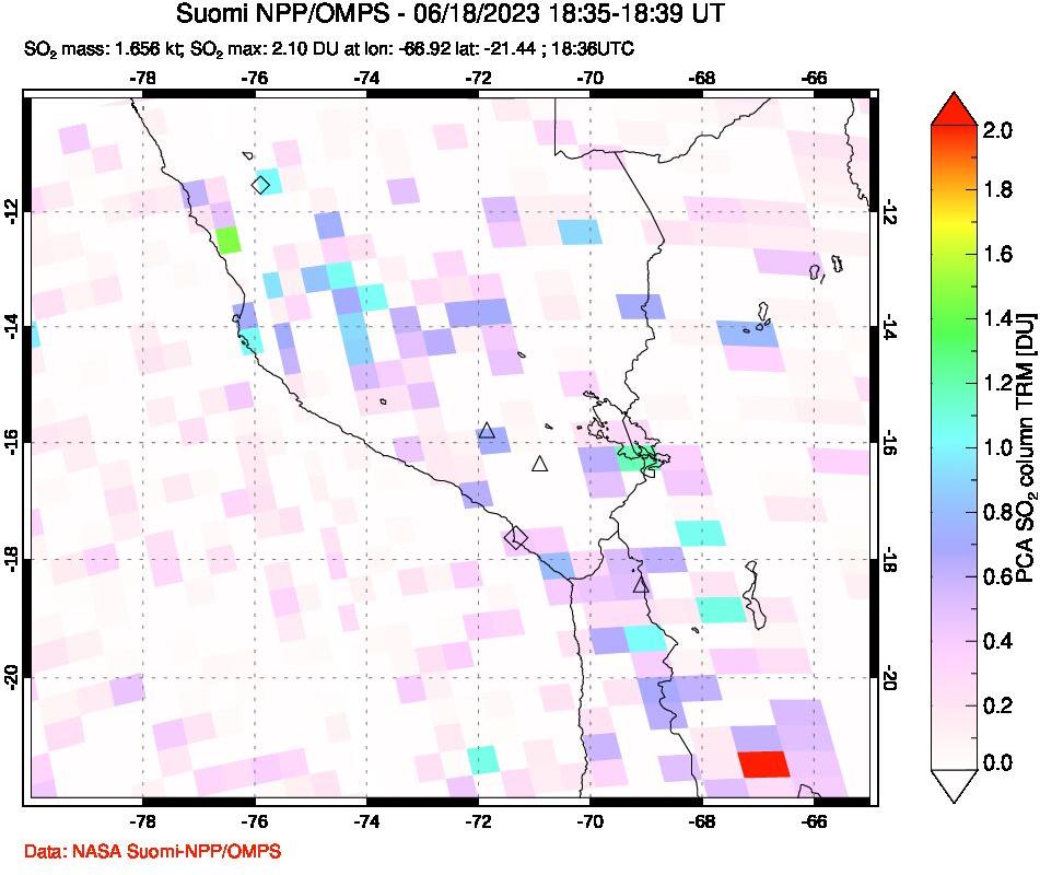 A sulfur dioxide image over Peru on Jun 18, 2023.