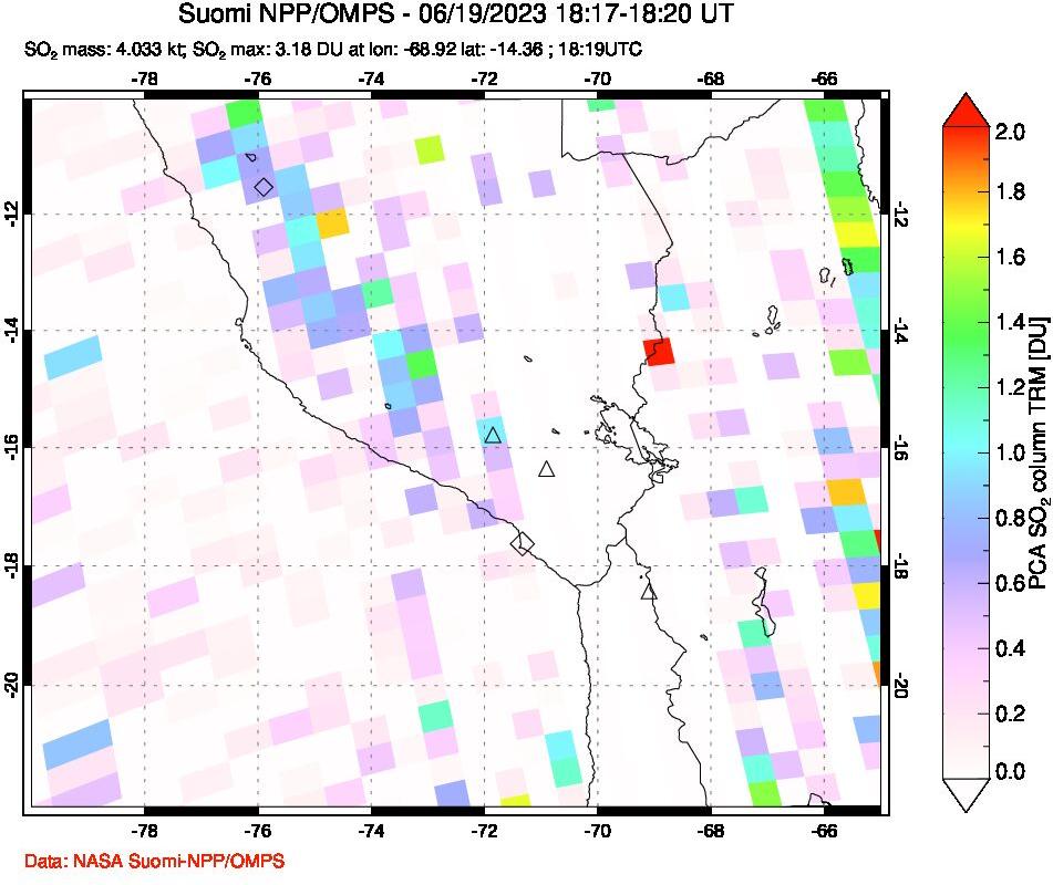 A sulfur dioxide image over Peru on Jun 19, 2023.