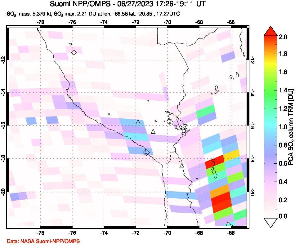 A sulfur dioxide image over Peru on Jun 27, 2023.