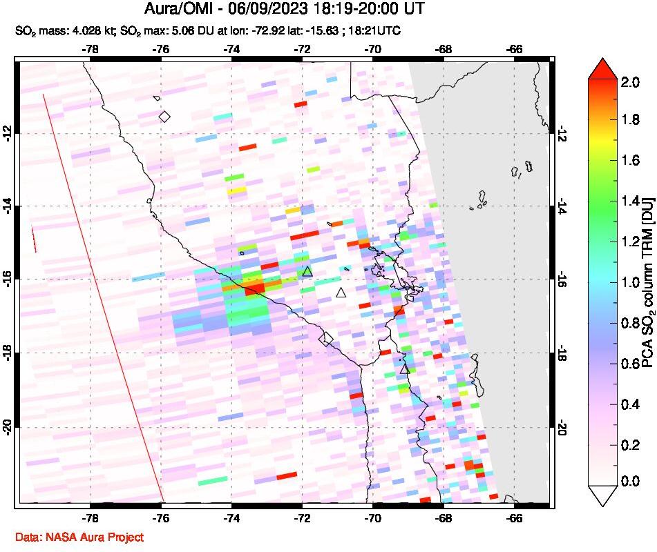 A sulfur dioxide image over Peru on Jun 09, 2023.