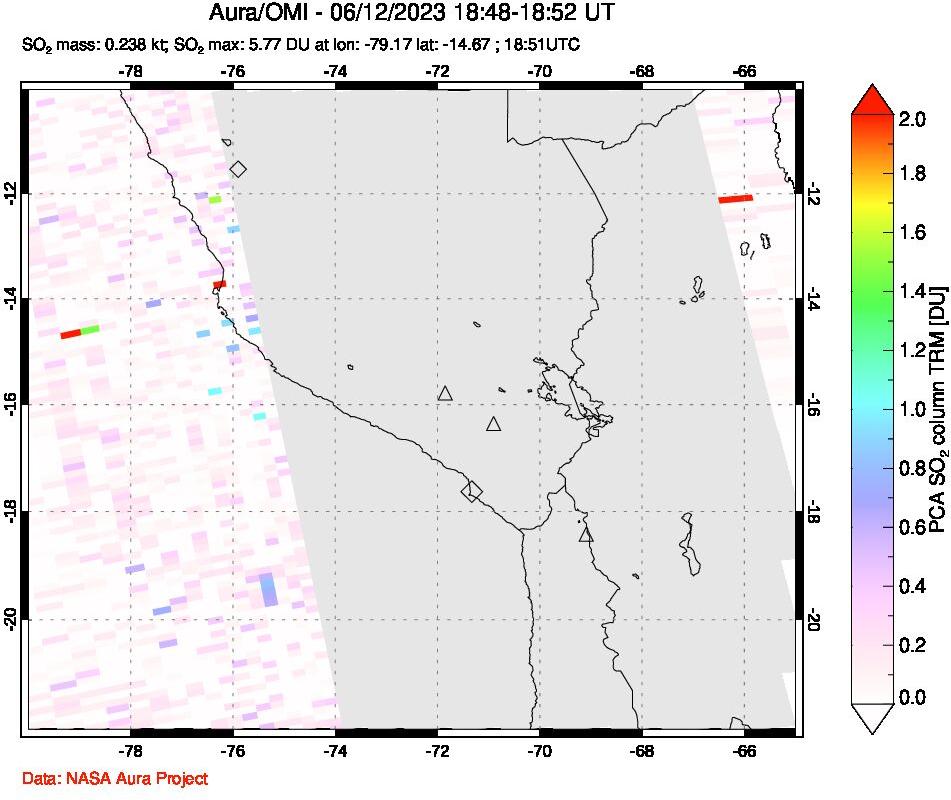 A sulfur dioxide image over Peru on Jun 12, 2023.