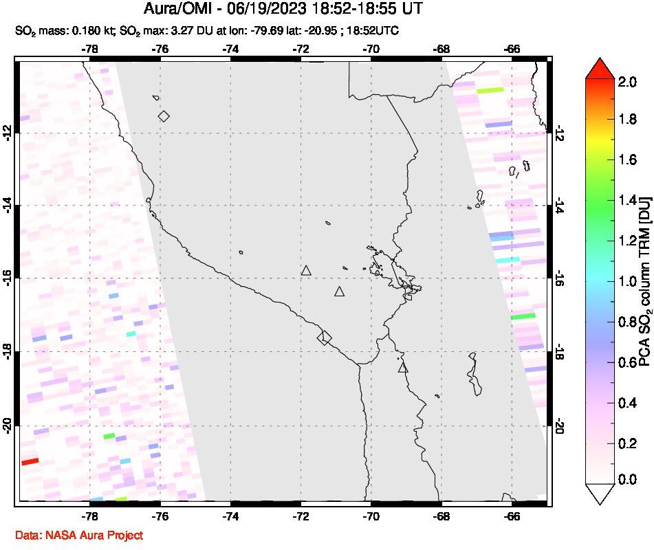 A sulfur dioxide image over Peru on Jun 19, 2023.