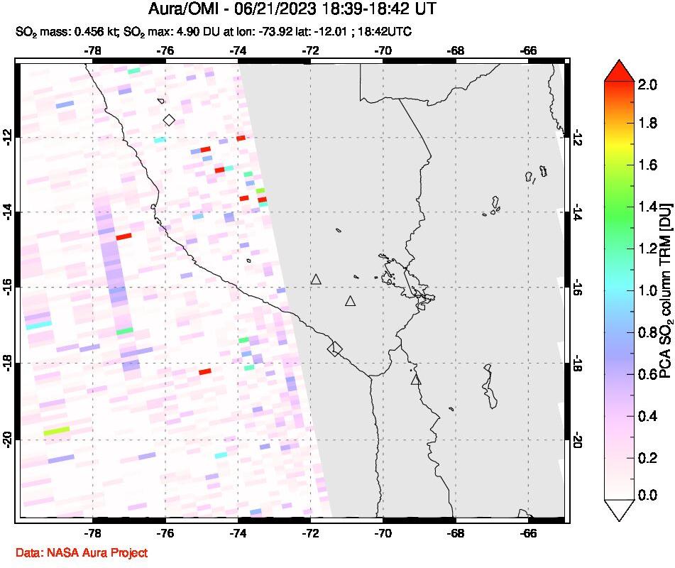 A sulfur dioxide image over Peru on Jun 21, 2023.