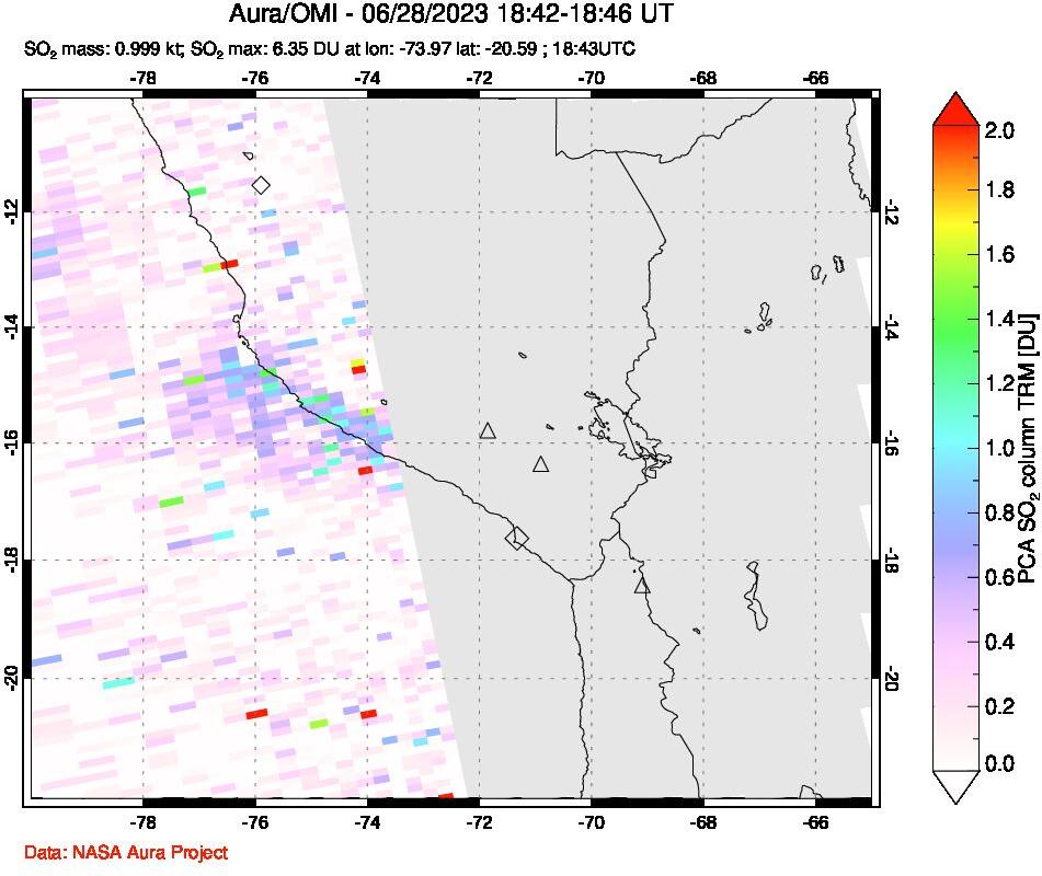 A sulfur dioxide image over Peru on Jun 28, 2023.