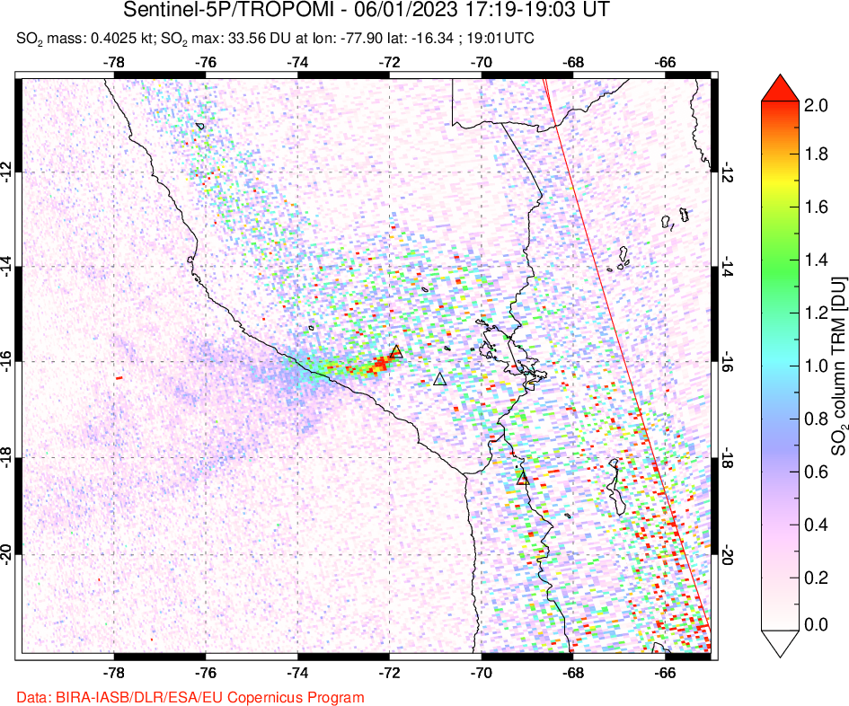 A sulfur dioxide image over Peru on Jun 01, 2023.