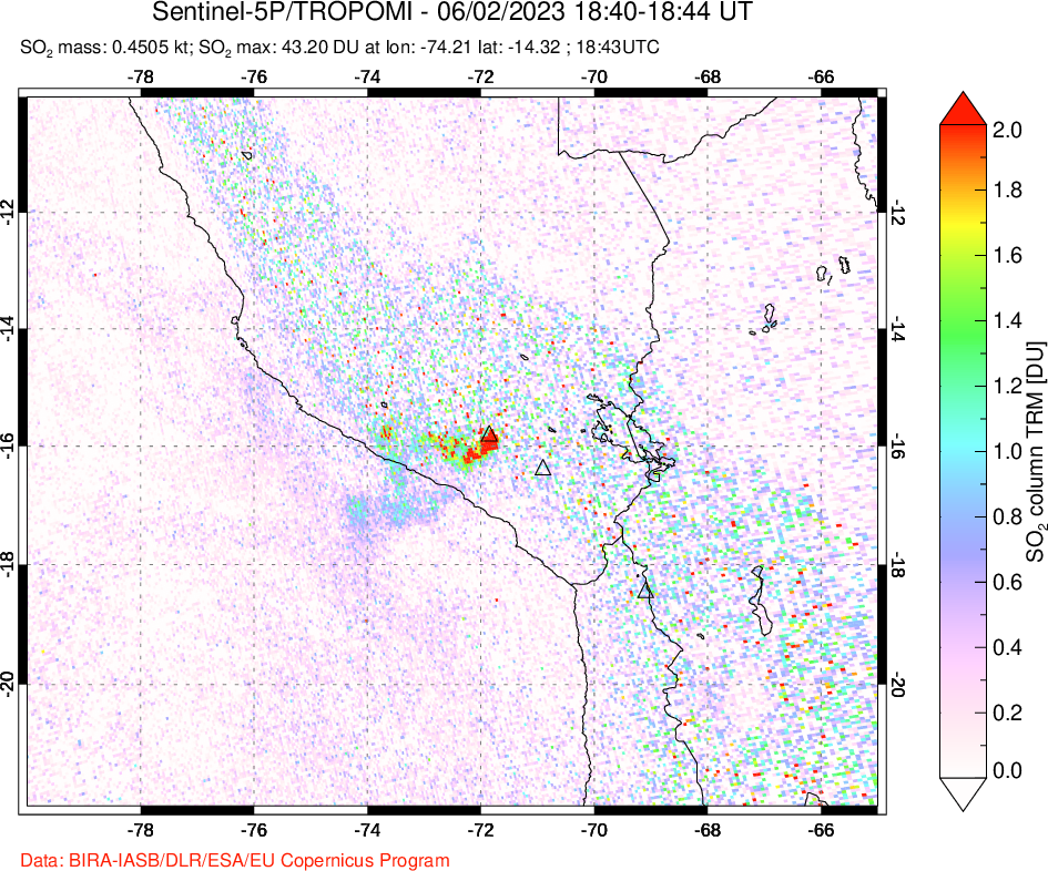A sulfur dioxide image over Peru on Jun 02, 2023.