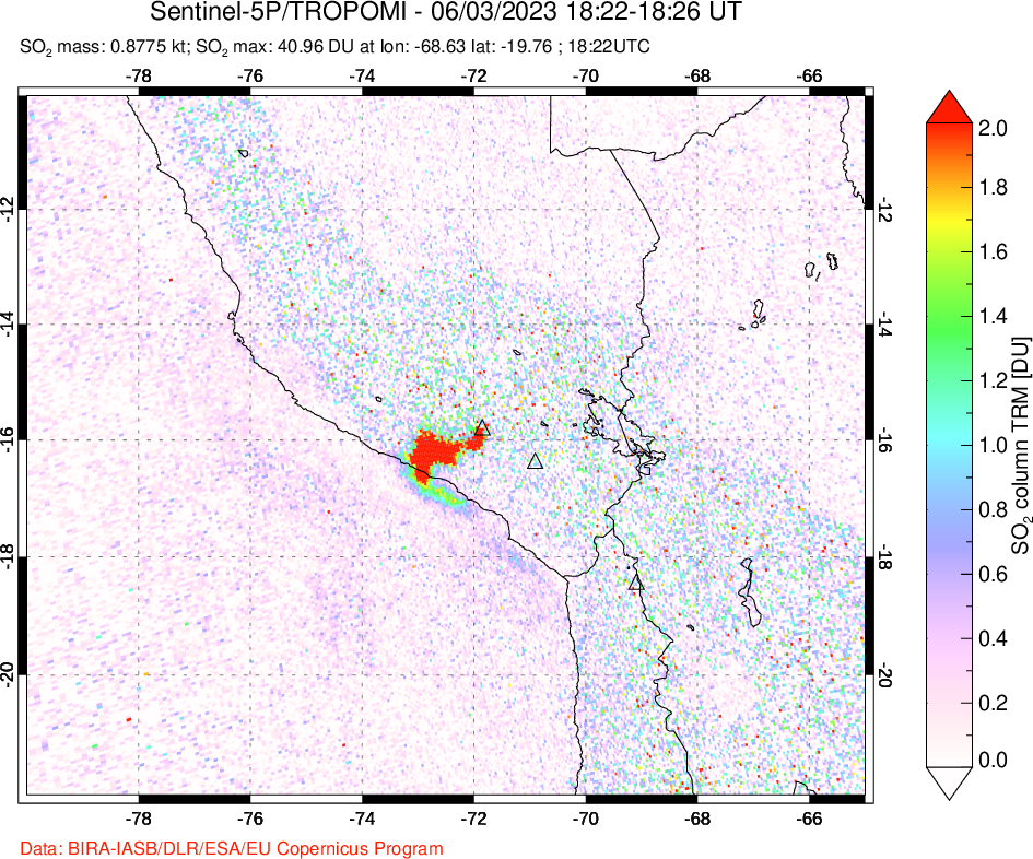 A sulfur dioxide image over Peru on Jun 03, 2023.