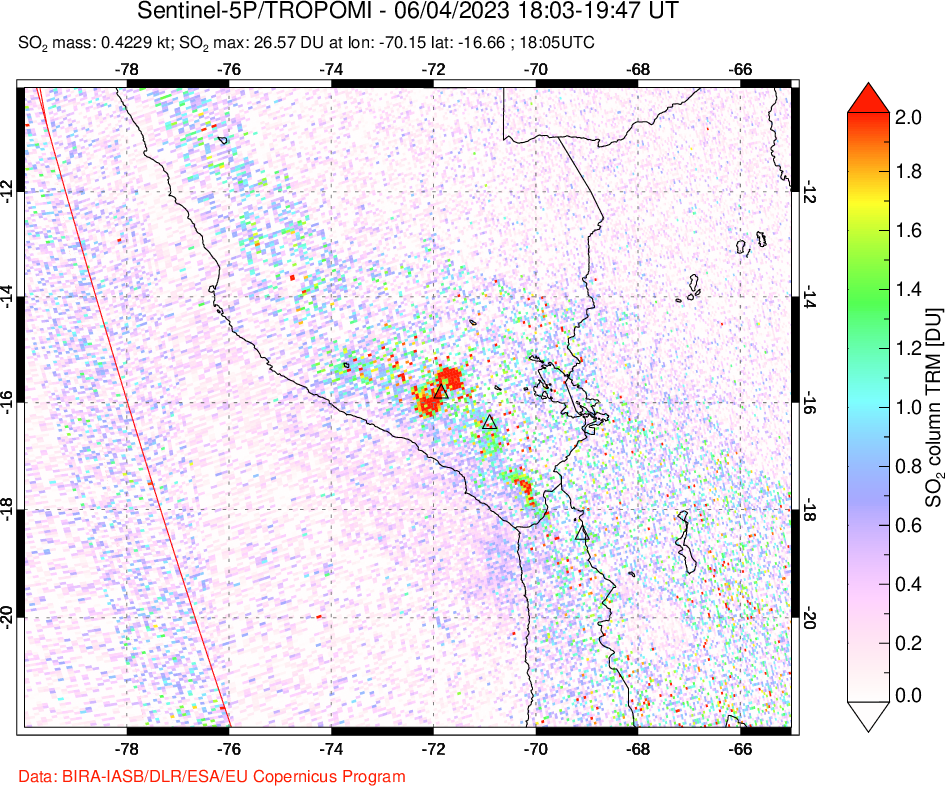 A sulfur dioxide image over Peru on Jun 04, 2023.