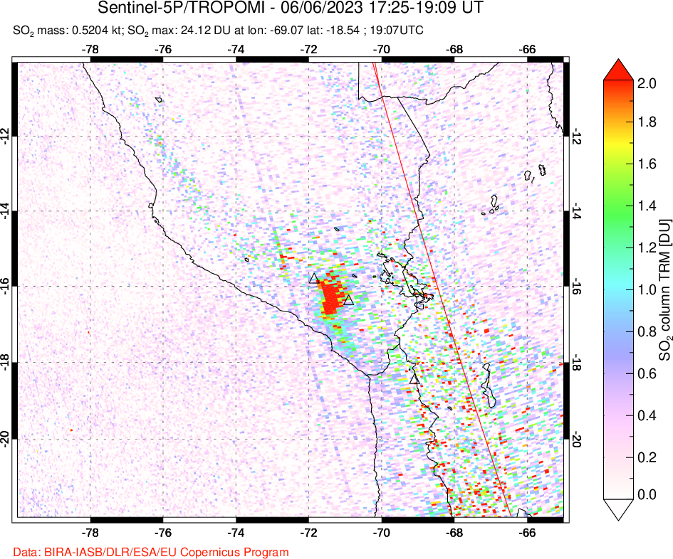 A sulfur dioxide image over Peru on Jun 06, 2023.