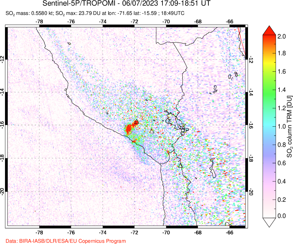 A sulfur dioxide image over Peru on Jun 07, 2023.