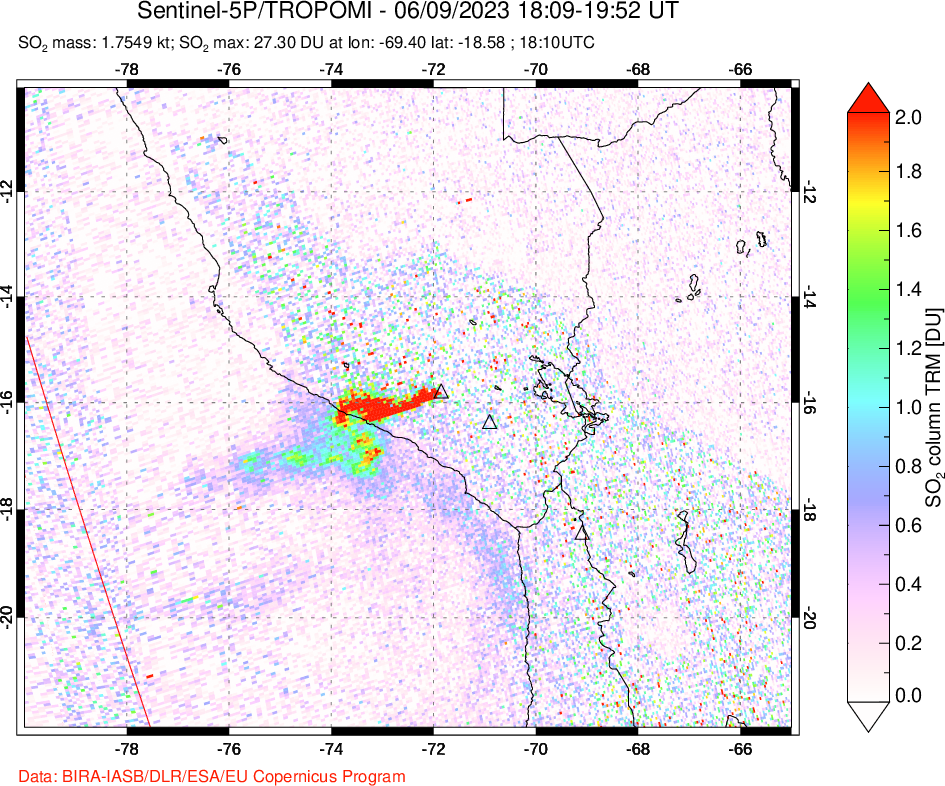 A sulfur dioxide image over Peru on Jun 09, 2023.