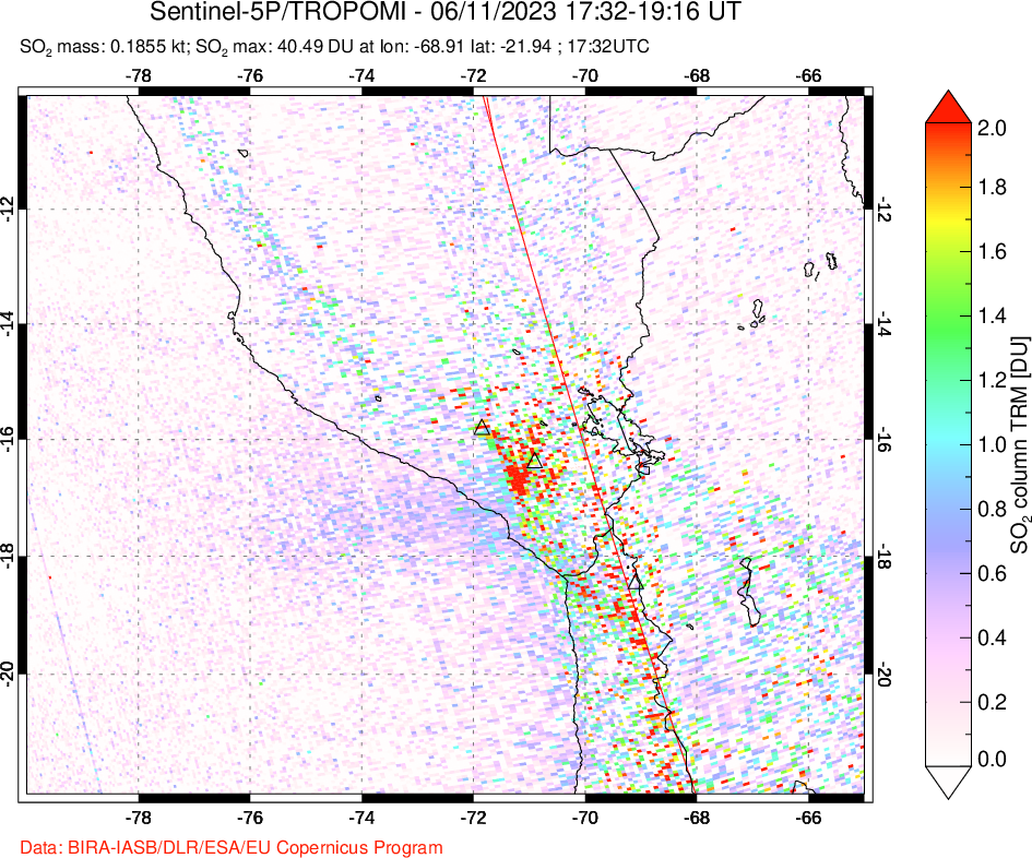 A sulfur dioxide image over Peru on Jun 11, 2023.