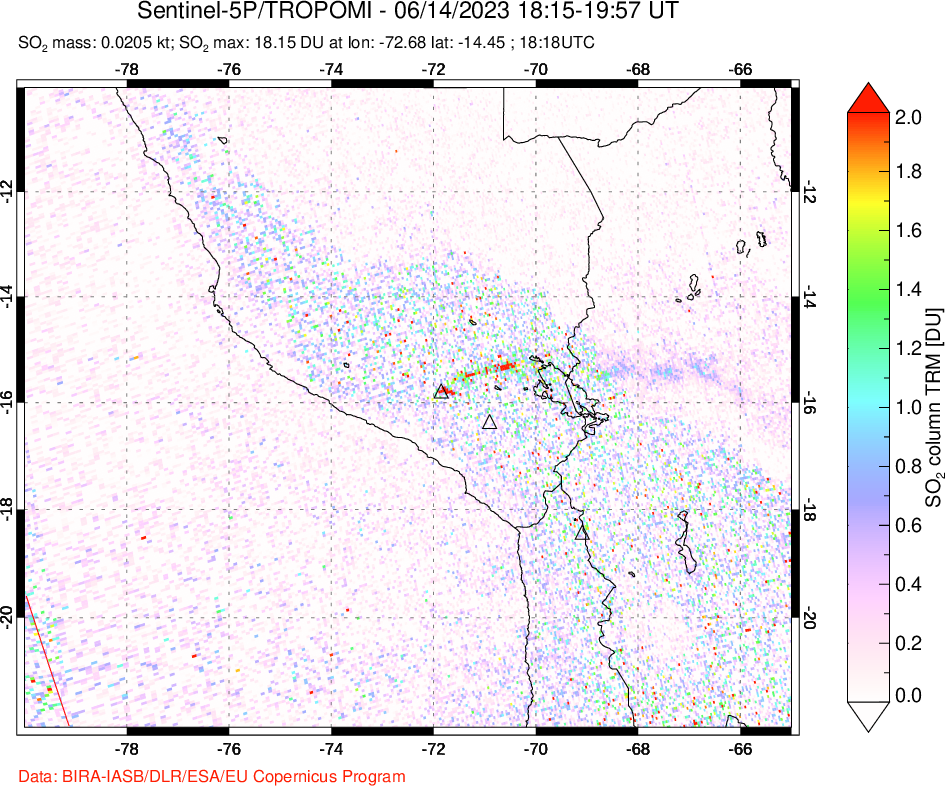 A sulfur dioxide image over Peru on Jun 14, 2023.