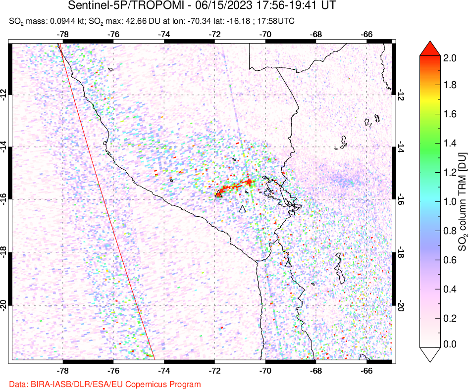 A sulfur dioxide image over Peru on Jun 15, 2023.