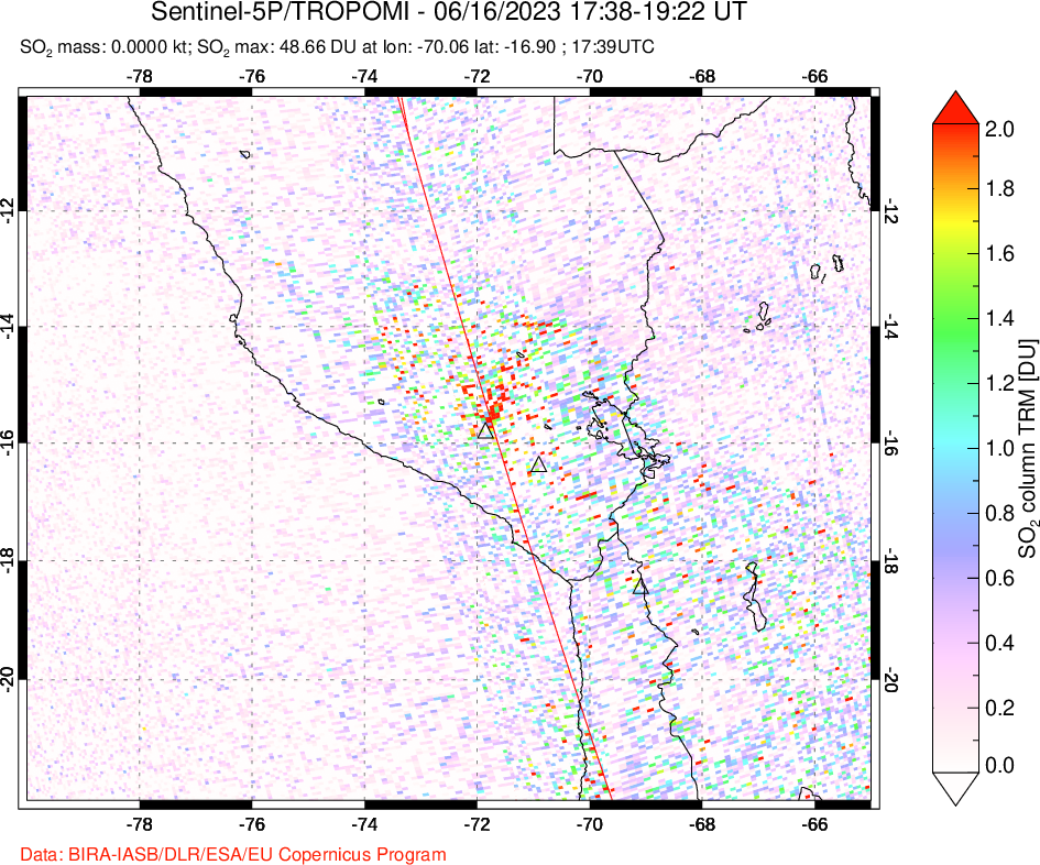 A sulfur dioxide image over Peru on Jun 16, 2023.
