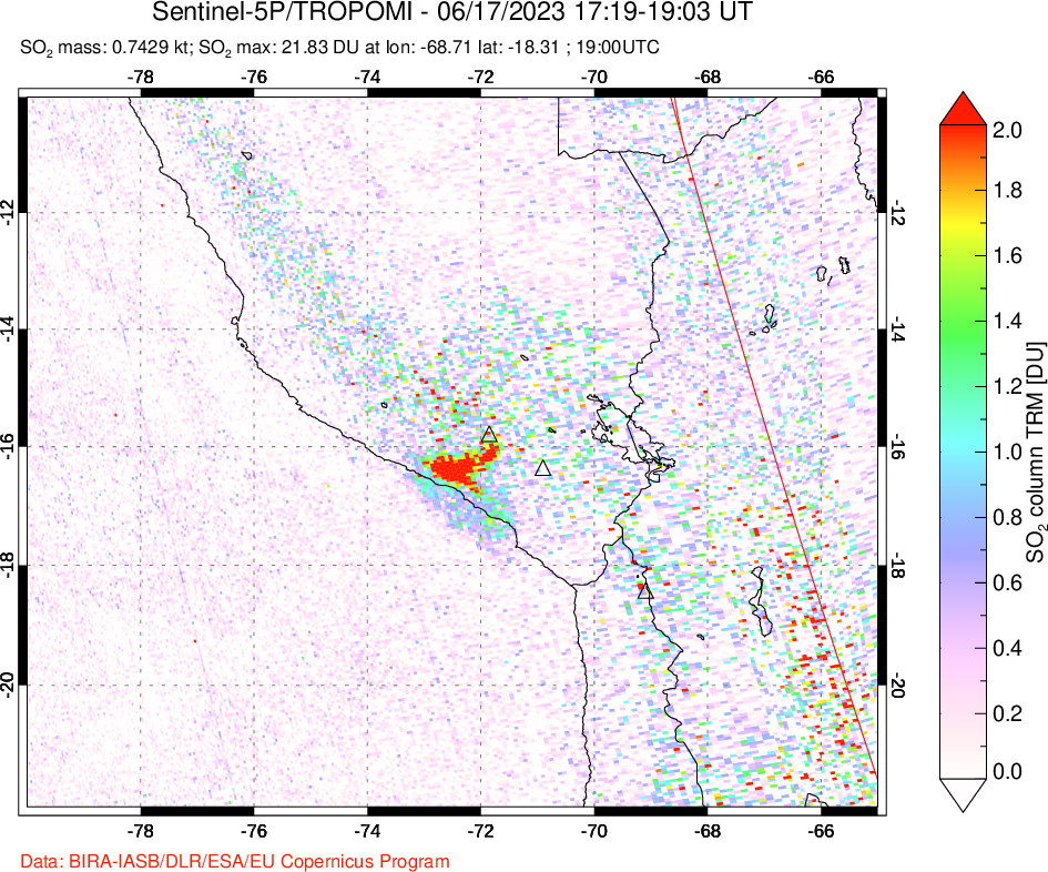 A sulfur dioxide image over Peru on Jun 17, 2023.