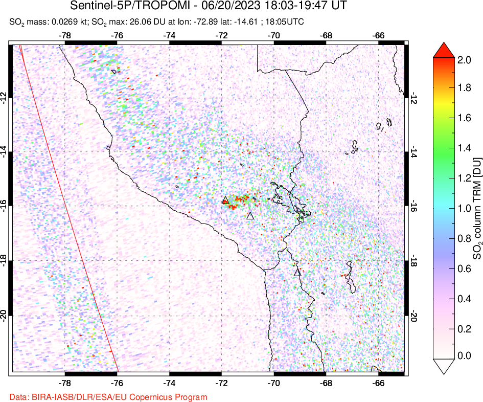 A sulfur dioxide image over Peru on Jun 20, 2023.