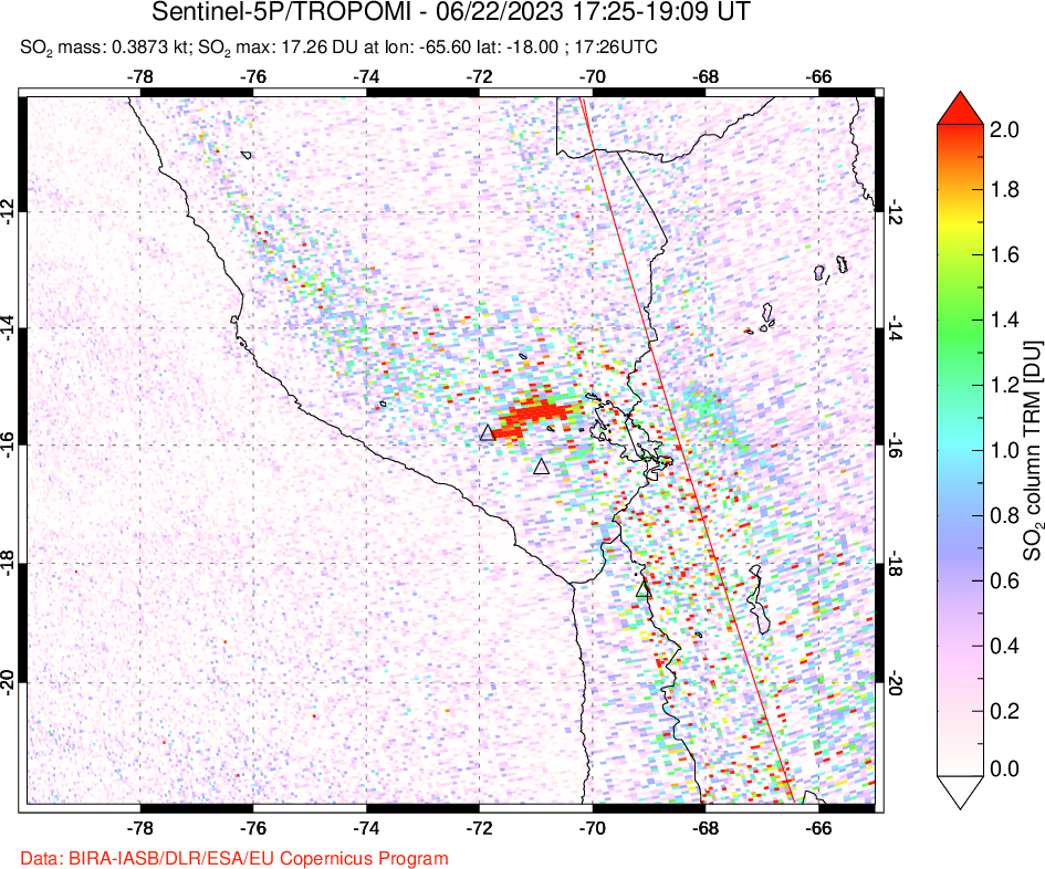 A sulfur dioxide image over Peru on Jun 22, 2023.