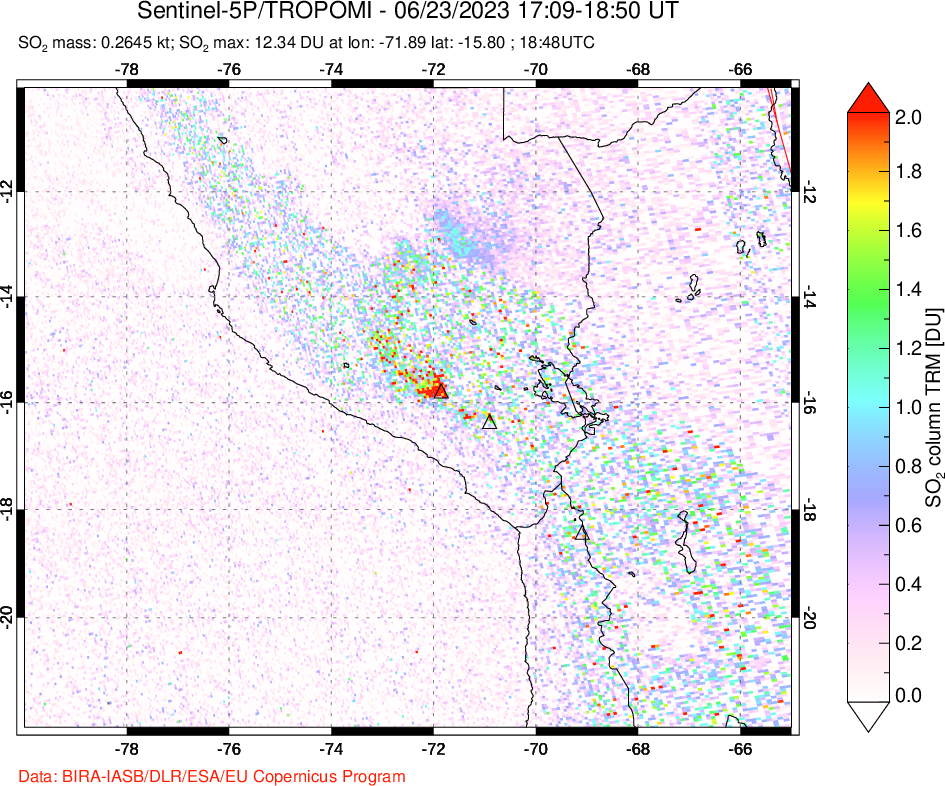 A sulfur dioxide image over Peru on Jun 23, 2023.