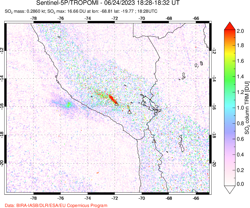 A sulfur dioxide image over Peru on Jun 24, 2023.