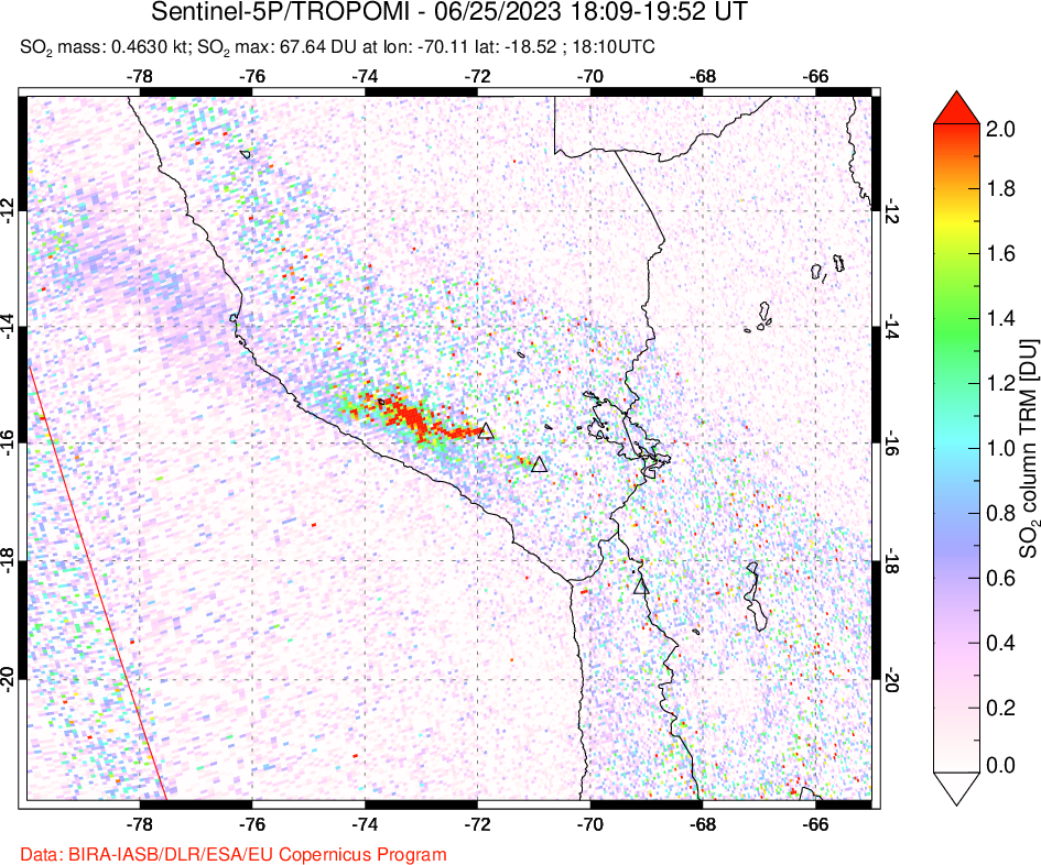 A sulfur dioxide image over Peru on Jun 25, 2023.