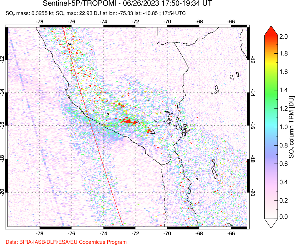 A sulfur dioxide image over Peru on Jun 26, 2023.