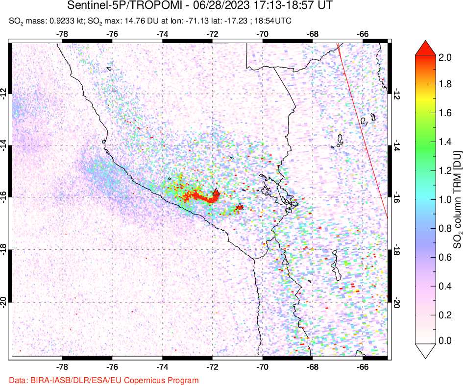 A sulfur dioxide image over Peru on Jun 28, 2023.