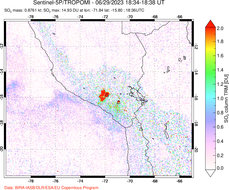 A sulfur dioxide image over Peru on Jun 29, 2023.