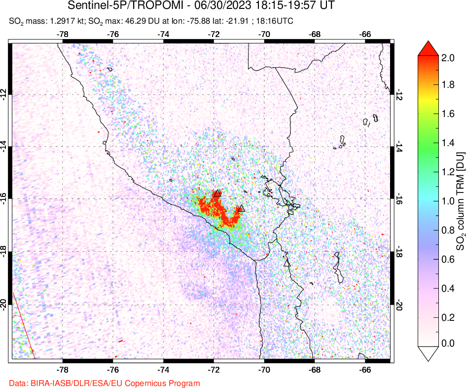 A sulfur dioxide image over Peru on Jun 30, 2023.