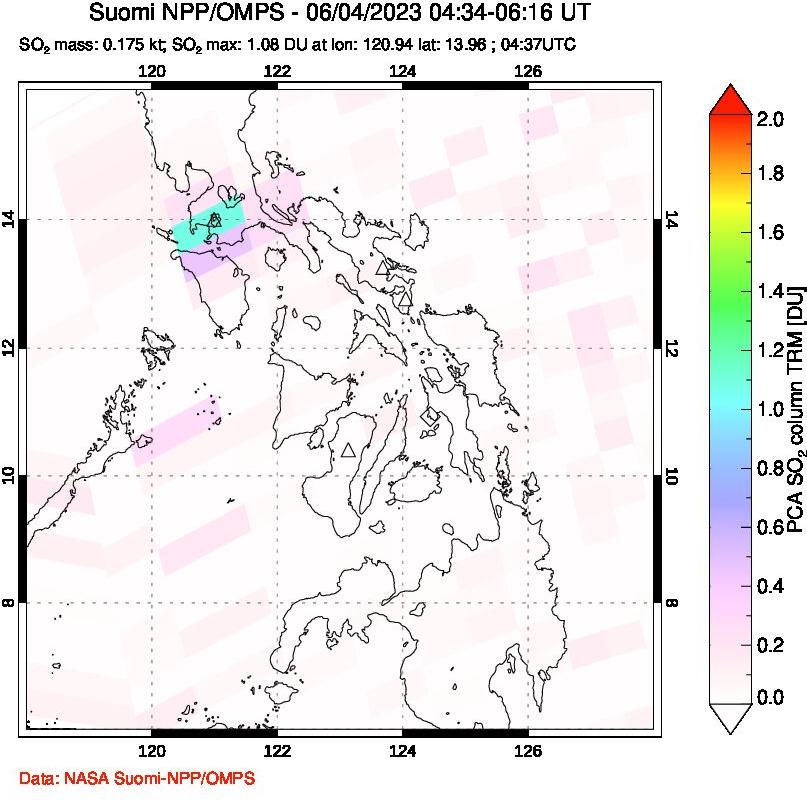 A sulfur dioxide image over Philippines on Jun 04, 2023.