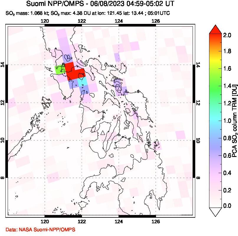 A sulfur dioxide image over Philippines on Jun 08, 2023.