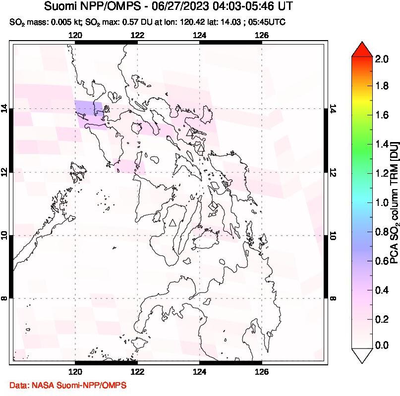 A sulfur dioxide image over Philippines on Jun 27, 2023.